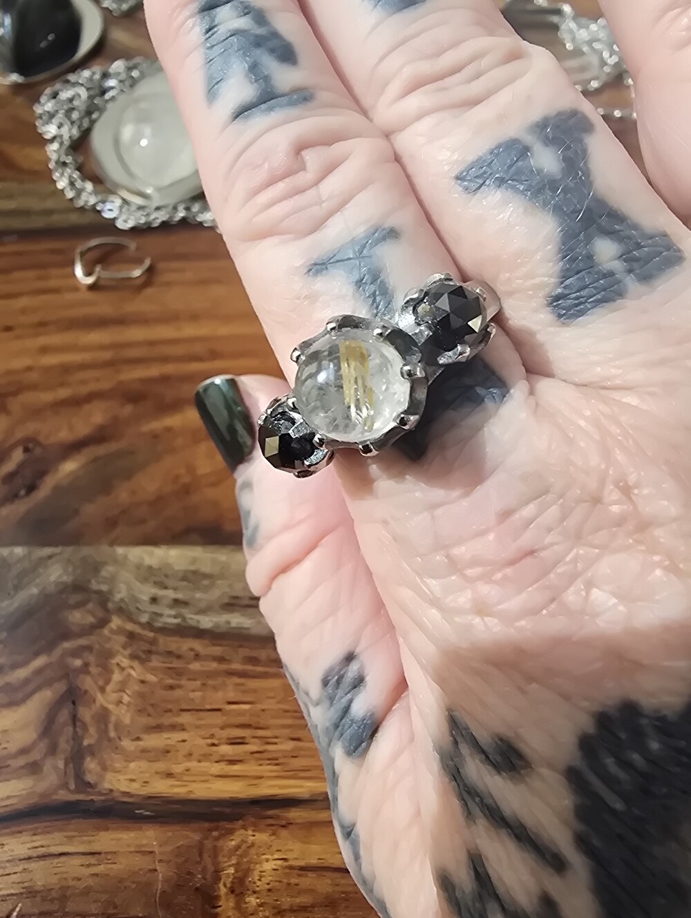 Evil Pawn Jewelry 3-stone Persephone Ring In Gold Rutile And Obsidian - Picture 5 of 7